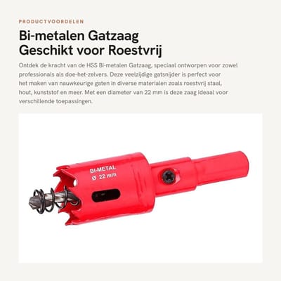 Dailygoods- Gatzaag HSS Bi-metalen - Gatsnijder voor Hout/Metaal/Kunststof - 22 mm - Slijtagebestendig - Scherpe Tanden - Geschikt voor Elektrische Boor
