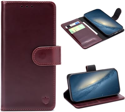 Casemania Echt Leren Hoesje Geschikt voor Apple iPhone 16e - Burgundy Red - Leer Book Cover - Portemonnee Hoes met Pasjeshouder