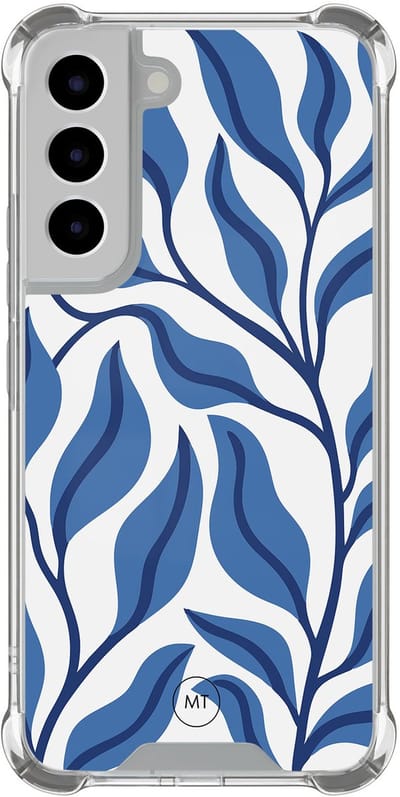 Hoesje (shockproof) geschikt voor Samsung Galaxy S22 - Blue leaves - Extra sterke case - TPU/polycarbonaat - Print - Blauw, Transparant