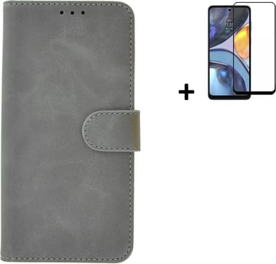 MoDo hoesje Geschikt voor Motorola Moto G22 - Kunstleer Book Case - Grijs hoesje met full screenprotector