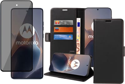 Book Case & Privacy Screenprotector geschikt voor Motorola Edge 50 Neo / Edge 60 Neo Hoesje Screenprotector - Privé - Gehard Glas Cover - Magnetische Sluiting - Portemonnee Rustic Zwart