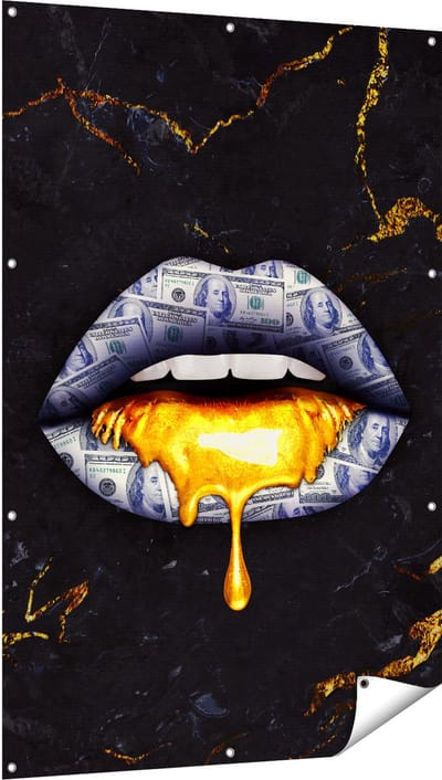 Gards Tuinposter Dollar Lippen met Goud - 100x150 cm - Tuindoek - Tuindecoratie - Wanddecoratie buiten - Tuinschilderij