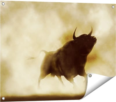 Gards Tuinposter Zwarte Stier in het Stoffige Rook - 80x60 cm - Tuindoek - Tuindecoratie - Wanddecoratie buiten - Tuinschilderij