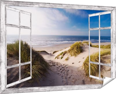 Gards Tuinposter Doorkijk Strand en Duinen - 180x120 cm - Tuindoek - Tuindecoratie - Wanddecoratie buiten - Tuinschilderij