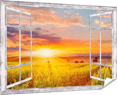 Gards Tuinposter Doorkijk Zonsopgang op het Maïsveld - 180x120 cm - Tuindoek - Tuindecoratie - Wanddecoratie buiten - Tuinschilderij
