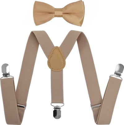 Fako Fashion - Kinder Bretels Met Vlinderstrik - Kinderbretels - Vlinderdas - Strik - 65cm - Khaki Light