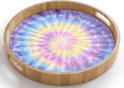 Dienblad rond 40x40 cm - Schootdienblad hout - Spiraal - Tie dye - Pasteltinten - Borrelplank rechthoek - Plateau houten dienbladen