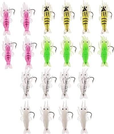 20 zachte garnalen kunstaas 3.5 cm voor forel, zeebaars en zalm in groen, transparant, geel en roze - Perfect voor visserij en sportvissen