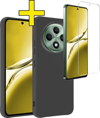 Hoesje - Met Screenprotector - Geschikt voor Oppo Reno 12 F - Sterk & Shockproof - Back Cover - Siliconen Case - Telefoon Hoes - Telefoonhoesjes - Zwart