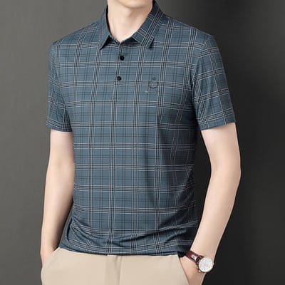 Zomer Nieuw Geruit Korte Mouw Heren Poloshirt Business Casual T-shirt Jong en Midden-Oud Vader Top Herenkleding XL gray