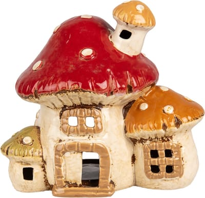 Clayre & Eef Waxinelichthouder Paddenstoel 17x12x16 cm Beige Rood Keramiek Herfst decoratie