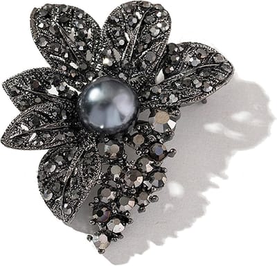Victoriaanse Stijl Bloem Broche met Zwarte Parels en Kristal