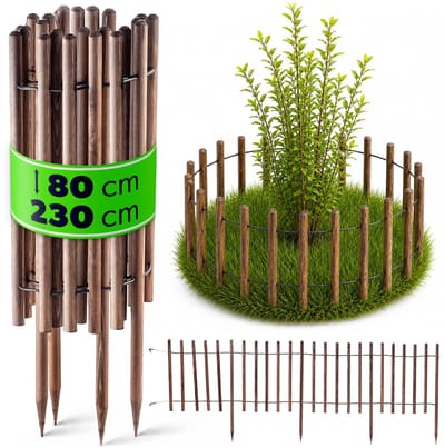 KADAX Beetomranding, weerbestendig houten hek, bloembedomranding van houten stokken met staaldraadverbinding, gazonrand, rolboord voor tuin, bloemperken of park (80 x 230 cm)