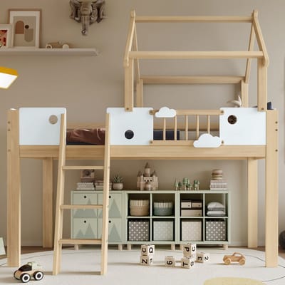 Kinderbedden - 90x200cm - Hoogslaper Met Veiligheidshek En Uniek Dakdesign - 3-Traps Schuine Ladder - Kiefer + MDF + Multiplex - Wit + Naturel