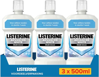 Listerine Advanced White mondwater met milde smaak voor natuurlijk wittere tanden - bestrijdt tandplakbacteriën - voorkomt tandbederf - 3x 500 ml