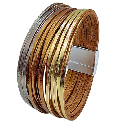 Goud bruine PU leren armband voor dames – brede wikkel armband met goudkleurige accenten en magnetische sluiting