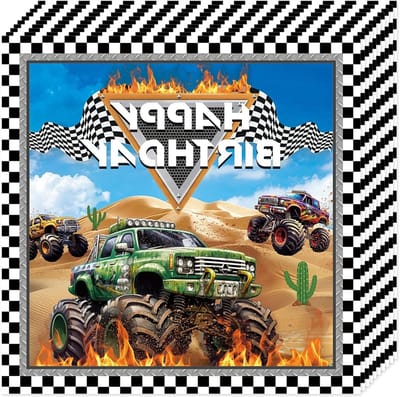 Monster Truck Rallye Servetten voor Verjaardagen, Offroad Thema, 20 Stuks, Zwart-Wit Geruite Rand, Feestdecoratie en Papieren Servetten