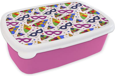 Broodtrommel Roze - Lunchbox - Brooddoos - Carnaval - Patronen - Maskers - 18x12x6 cm - Kinderen - Meisje