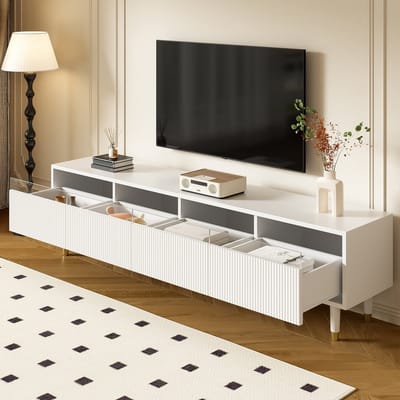 DESMIU Tv Meubel - Minimalistisch Wit Design Met 4 Lades En Kabeldoorvoer - Voor Woonkamer En Entertainmenthoek - MDF - 178 X 35 X 45 Cm