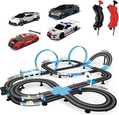 Elektrische Racebaan 13,5 m – High Speed Slotcar Set (1:64 HO) – 4 Auto’s met LED, Magneetgrip & Netvoeding – Looping, Meerdere Layouts – 165×130×32 cm