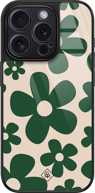 Casimoda® hoesje - Geschikt voor iPhone 15 Pro - Retro Flowers Groen - Luxe Hard Case Zwart - Backcover telefoonhoesje - Rood