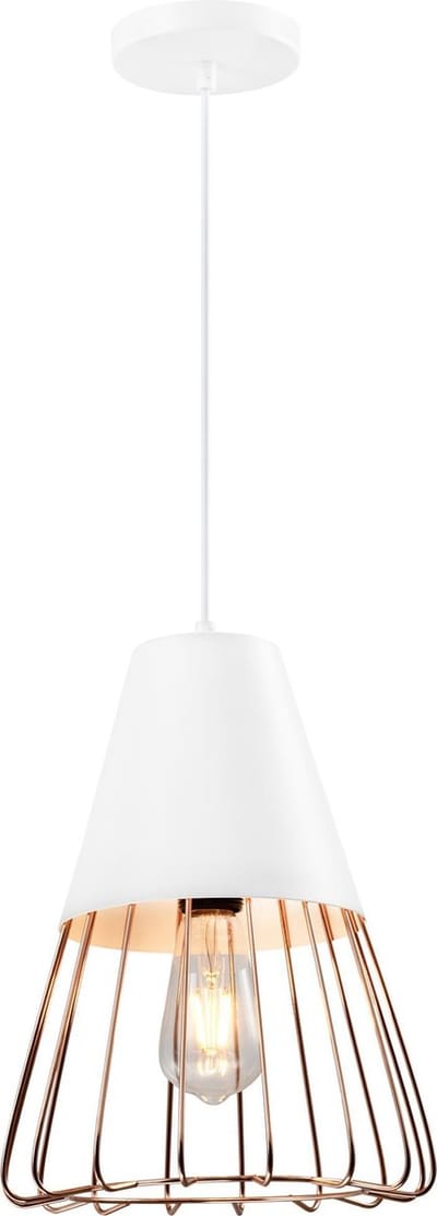 QUVIO Hanglamp industrieel - Lampen - Plafondlamp - Leeslamp - Verlichting - Verlichting plafondlampen - Keukenverlichting - Lamp - Rose gold staaldraad - E27 fitting - Voor binnen - Met 1 lichtpunt - D 26 cm - Wit en roze