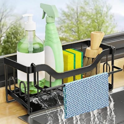 Famanu – Spoelbak-organizer - roestvrij staal - keukenorganizer - sponshouder - automatische ontwatering - geschikt voor spoeldoekhouder - badkamerorganizer - gootsteen-organizer - decoratieve keuken - zwart