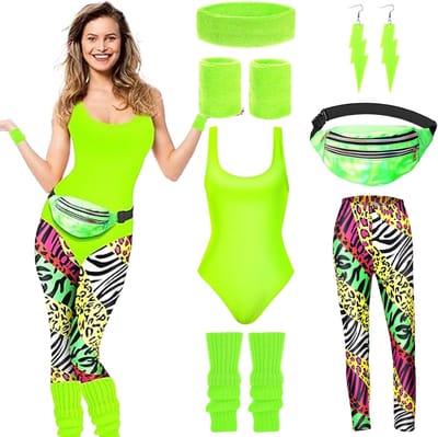 Kostuum voor dames, jaren 80-kostuum, jaren 80-kostuum, met hoofdband, polsen, oorbellen, voor feestjes, carnaval, Halloween-kostuums
