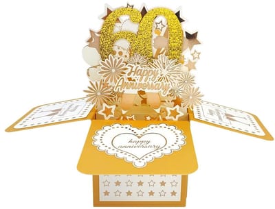 Dailygoods- Wenskaart 60-jarig Huwelijksjubileum - Pop-up Wenskaart - 3D Diorama - Feestdecoratie - Hoge Kwaliteit Papier - Gouden Glinsterende Letters - Jubileumkaart