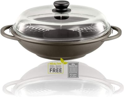 Wok Pan met Glasdeksel en Houten Handvat, 3-laags Antikleeflaag, Robuust Gietaluminium, 32 cm