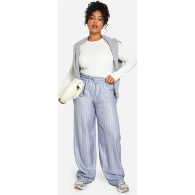 boohoo Dames Plus gestreepte geweven broek met trekkoord | Grijs | Maat: 44