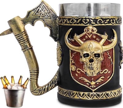 Viking Bijl Tankard - Skelet Beer Mok, Roestvrijstalen Koffiekop, Middeleeuwse Vintage Beer Stein, Thema Feest Decor, Persoonlijke Cadeaus voor Mannen en Vader 600ml