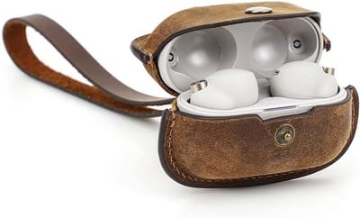 Duurzame leren oplaadcase voor Sony WF-1000xm4, met afneembare polsband en schokbestendige bescherming, koffiebruin