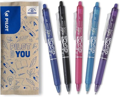 5-delige uitwisbare gelrollerball set met drukmechanisme – schrijfkleuren blauw, zwart, roze, lichtblauw, violet – navulbaar