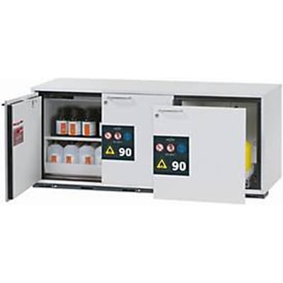 Veiligheidskast type 90 asecos UB-ST-90, 1 lade, 2 draaideuren, voorzijde lichtgrijs, B 1402 x D 502 x H 600 mm