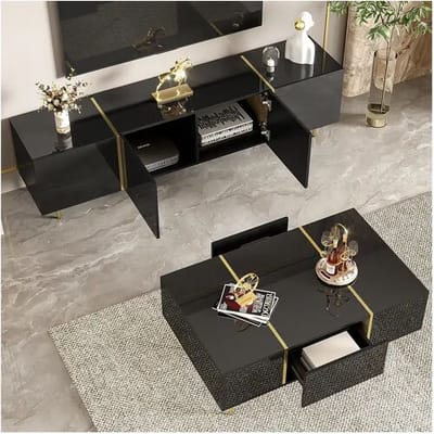 Merax Moderne TV-kast en salontafelset - 170 x 35 x 46 cm + 100 x 60 x 41,5 cm - MDF hout en gouden poten - Glanzend zwart