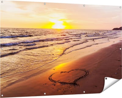 Gards Tuinposter Zonsondergang op het Strand met een Hartje - 150x100 cm - Tuindoek - Tuindecoratie - Wanddecoratie buiten - Tuinschilderij