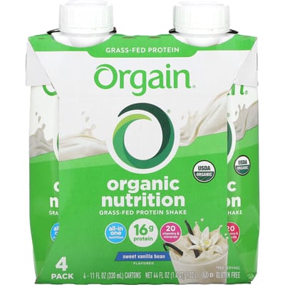 Orgain, biologische voeding, eiwitshake van grasgevoerd rundvlees, zoete vanille, 4 verpakkingen, 325 ml (330 ml) elk