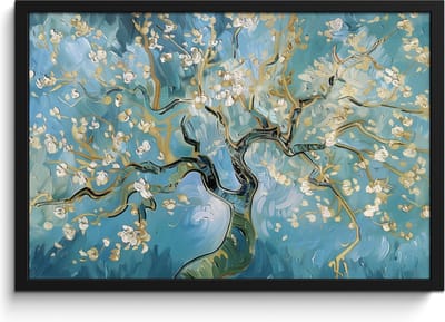 Poster in lijst - Fotolijst 60x40 cm - Posters - Amandelbloesem boom - Blauw - Abstract - Posterlijst zwart - Decoratie - Wanddecoratie woonkamer - Muurdecoratie slaapkamer