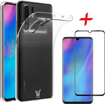Hoesje geschikt voor Huawei P30 Pro Hoesje + Screenprotector Full Screen - Transparant Siliconen TPU Soft Gel Case