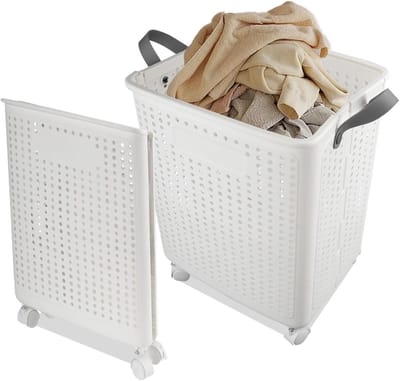 Vouwbare wasmand met wielen, grote praktische wasmand voor kleding, ideaal voor slaapkamer, studentenhuis en wasruimte, 19,6 x 14,8 x 12,2 inch, 41,5L, wit kunststof, ruimtebesparend en gebruiksvriendelijk