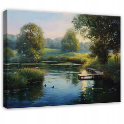 WALLARENA - Schilderij op canvas - 100x70 cm - afbeelding van een bos met een meer en bomen - Geschikt voor slaapkamer, woonkamer, keuken