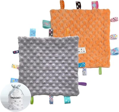 Allecto Premium - Veiligheidsdekens met tag voor baby's - Sensorische deken - Ideale babyshower-cadeau - 245 x 245 cm - Grijs en oranje - Zachte uniseks tag-deken.