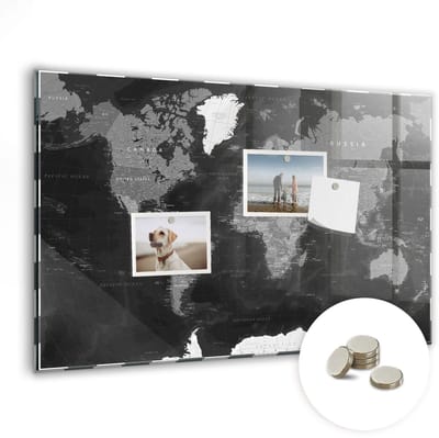 Coloray Glazen Magneetbord - Magnetisch Bord Zwarte wereldkaart - 60x40 cm - Zwart-wit Magneetbord - Magnetic Board - Magneetbord Design