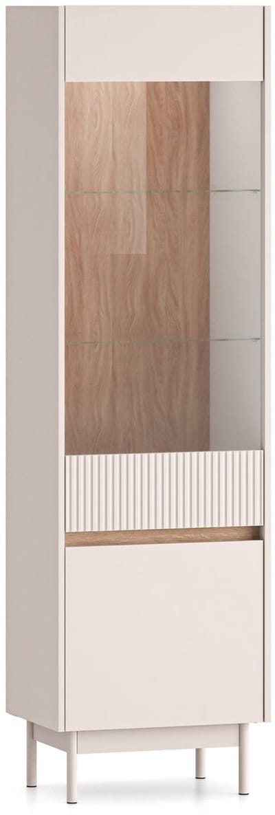 Selsey Dunea – Vitrinekast 2-deurs, glas & LED, Kasjmier grijs/eikenlook, 55 cm