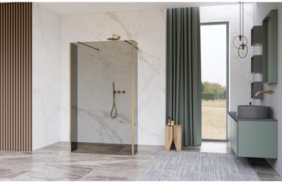 FugaFlow Eccelente Vetro Vrijstaande inloopdouche badkamer - 100x200cm - Helder geribbeld - antikalk - 8mm veiligheidsglas - 2 zijwanden 30cm - met wandarmen en hoekprofielen - Messing geborsteld (goud) -