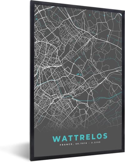 Fotolijst incl. Poster - Wattrelos - Frankrijk - Plattegrond - Kaart - Stadskaart - 40x60 cm - Posterlijst