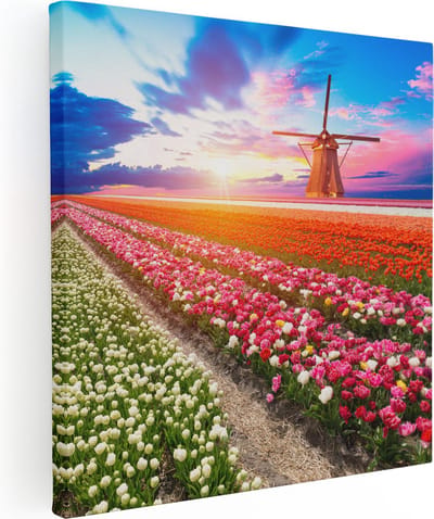 Artaza Canvas Schilderij Molen - 30x30 cm - Klein - Wanddecoratie Tulpenveld - Muurdecoratie Bloemen - Kamer Accessoires Zonsondergang