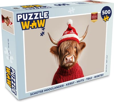 Puzzel Schotse Hooglander - Kerst - Muts - Trui - Winter - Legpuzzel - Puzzel 500 stukjes - Kerstpuzzel - Kerstpuzzels - Kerst - Cadeau - Kerstcadeau voor mannen, vrouwen en kinderen