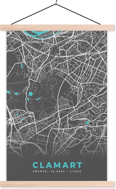 Posterhanger incl. Poster 40x60 cm - Schoolplaat - Clamart - Plattegrond - Kaart - Stadskaart - Frankrijk - Textielposter - Blanke latten - Stadskaart